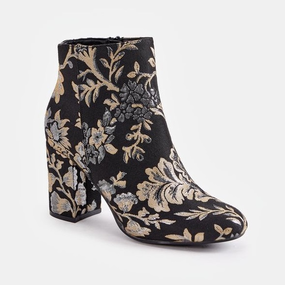 Loreida Gold Metallic Floral Block Heel Bootie - Picture 1 of 5